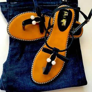 Black strappy bow sandals, gold silver embellished